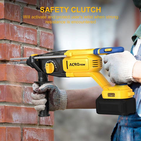 Person using a compact cordless SDS Plus hammer drill with 3J impact energy and four modes on brick wall, 20V power.
