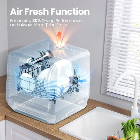 Compact countertop dishwasher with a built-in 5L water tank for apartments and RVs, no faucet hookup needed, showcasing air-dry function.