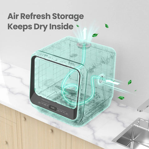 Transparent compact countertop dishwasher with a built-in 5L water tank for apartments and RVs, no faucet hookup needed.