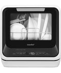 Compact countertop dishwasher with a built-in 5L water tank for apartments and RVs, no faucet hookup needed, shown with dishes inside