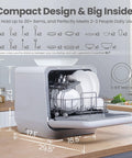 Compact countertop dishwasher with a built-in 5L water tank for apartments and RVs, no faucet hookup needed, showing open door with dishes loaded.