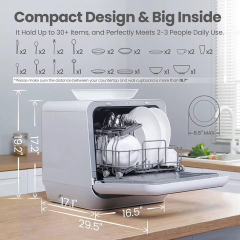 Compact countertop dishwasher with a built-in 5L water tank for apartments and RVs, no faucet hookup needed, showing open door with dishes loaded.