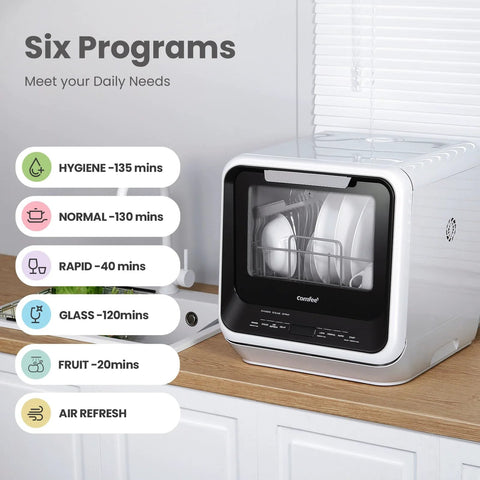 Compact countertop dishwasher with a built-in 5L water tank for apartments and RVs, no faucet hookup needed, featuring 6 wash programs.