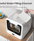 Top view of a compact countertop dishwasher with a built-in 5L water tank for apartments and RVs, no faucet hookup needed.