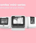 Comfee mini-series compact countertop dishwasher with a built-in 5L water tank for apartments and RVs, three models shown.