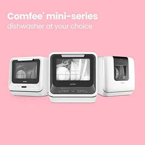 Comfee mini-series compact countertop dishwasher with a built-in 5L water tank for apartments and RVs, three models shown.