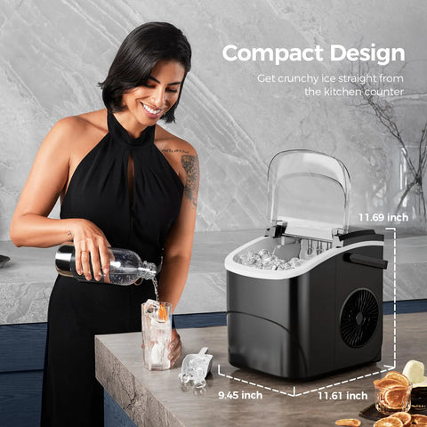 Effortlessly chill drinks with a compact countertop ice maker that delivers up to 26 lb of bullet ice daily, shown on kitchen counter