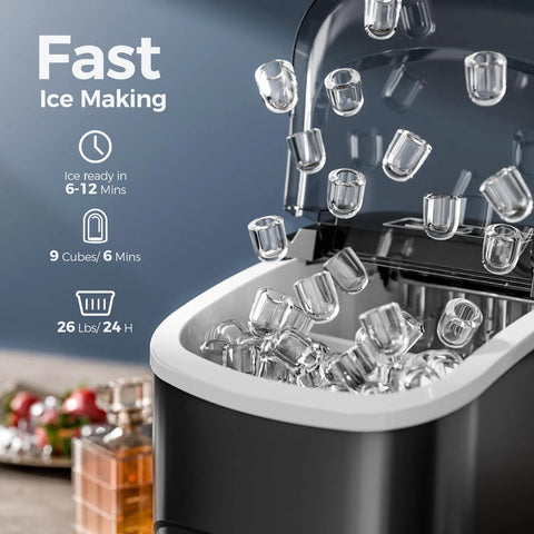 Effortlessly chill drinks with a compact countertop ice maker that delivers up to 26 lb of bullet ice daily, shown producing ice cubes.