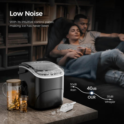 Effortlessly chill drinks with a compact countertop ice maker delivering 26 lb bullet ice daily, shown in a home setting.