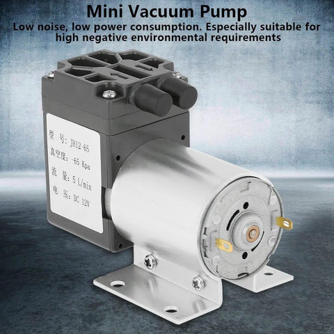 Compact DC 12V Mini Vacuum Pump Delivers 5 Liters Per Minute At 120 KPa Includes Holder Ideal For Gas Analysis Sampling And Lab Instrument Use Ultra Low Noise High Efficiency Diaphragm Pump For Precise Suction In Medical And Research Apps, shown with metal holder