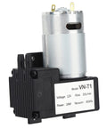 VN-T1 vacuum pump side view, black plastic housing with metal motor, 12V DC, 10 L/min, -81 kPa.