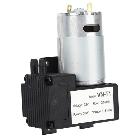 VN-T1 vacuum pump side view, black plastic housing with metal motor, 12V DC, 10 L/min, -81 kPa.