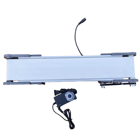 Top view of Mini Production Line Conveyor System 10x50cm DIY Electric Elevator Model with unidirectional speed control unit.