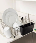 Small Dish Drainer Rack - Chrome/Black - 14 x 12.5 x 5.5 inches with drying dishes on countertop next to sink