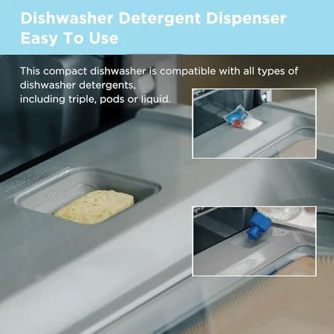 Close-up of detergent dispenser on compact countertop dishwasher with a built-in 5L water tank for apartments and RVs