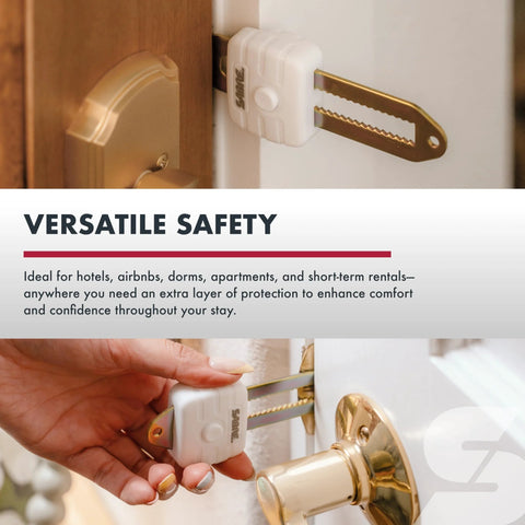 Compact Travel Door Lock Portable Security Lock for Hotels and Rentals, shown installed on a door providing 650 lbs force resistance.