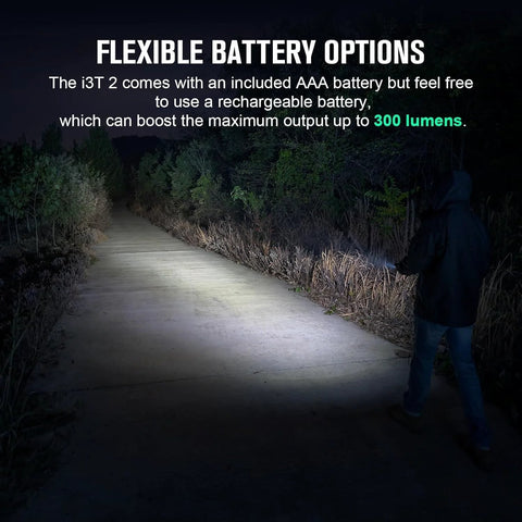 Person using ultra compact EDC flashlight on path, showcasing 200 lumens with 62 meter beam, ideal for camping and hiking.