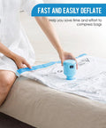Electric Air Pump For Vacuum Storage Bags Fast Compact And Easy To Use Draws Air Out Quickly From Bags in action on a bed