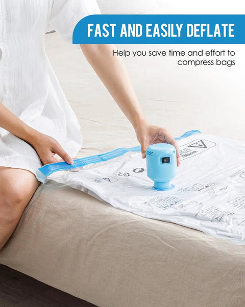 Electric Air Pump For Vacuum Storage Bags Fast Compact And Easy To Use Draws Air Out Quickly From Bags in action on a bed