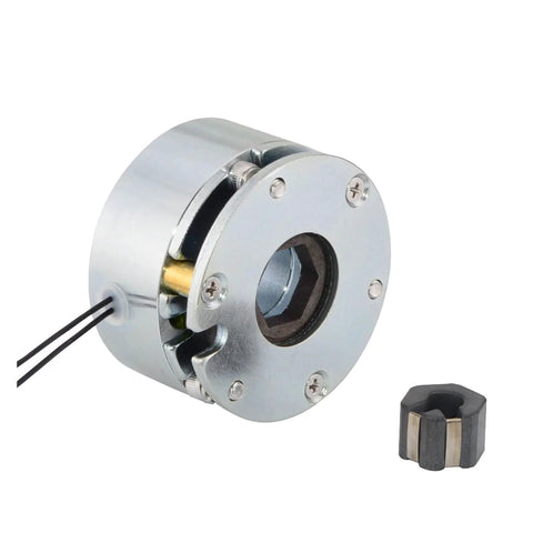 Compact 24V electromagnetic brake for NEMA 23 and NEMA 24 stepper motors with included coupling, showcasing 283 ozin static holding torque.