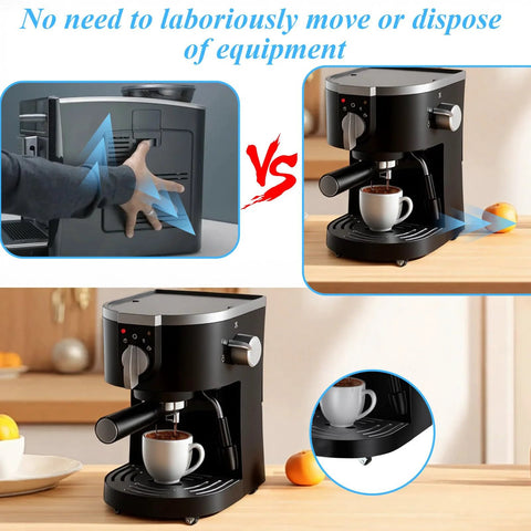 Espresso machine on kitchen counter showing side panel comparison and coffee cup placement.