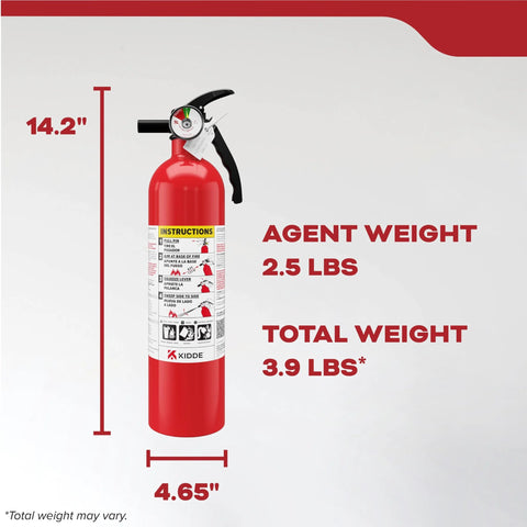 Multi Purpose Fire Extinguisher 1A10BC For Home Office Dorm And Residential Use with size and weight details shown
