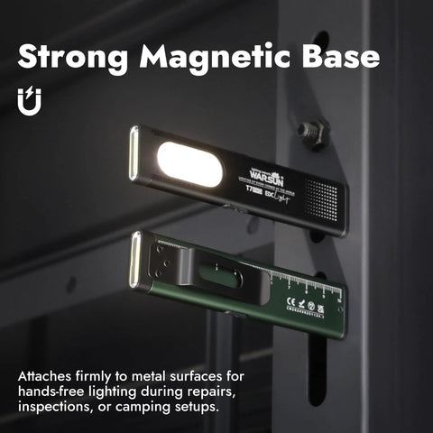 Compact multi mode pocket flashlight delivers 675 lumens, USB C recharge, IPX4, showing strong magnetic base on metal surface.