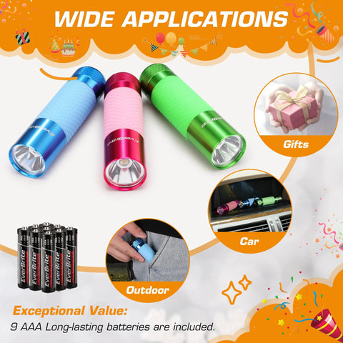 Three Pack Glow In The Dark Aluminum Mini Flashlights With Nine AAA Batteries Included For Camping Hiking Outdoor Emergencies Compact Rugged Aluminum Body In Assorted Colors Ideal For Nighttime Tasks Travel And Emergency Kits.