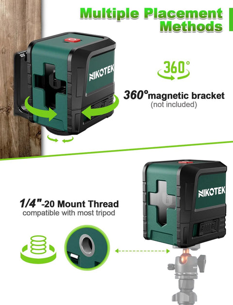 Achieve fast, precise alignment with this compact self-leveling green laser level, side view, showing magnetic bracket and thread mount.