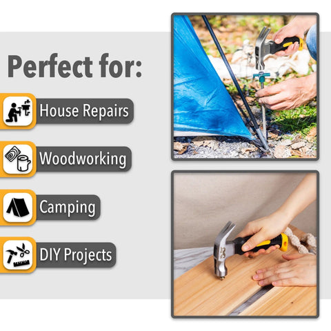 Compact 8oz magnetic claw nail hammer with an ergonomic non-slip handle being used for camping and DIY projects