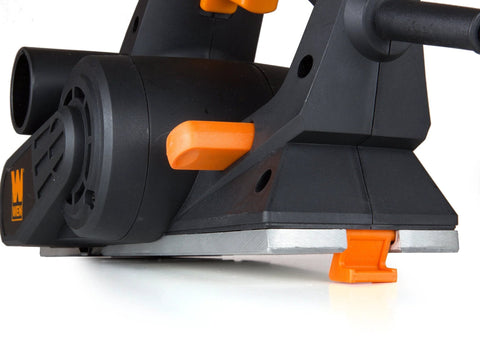 Efficient 3-1/4 inch hand planer with 6 Amp motor showing side view and cutting edge for doors, trim, and cabinetry.