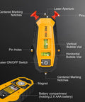 Compact 2-in-1 Line Laser Level With Magnetic Stud Finder showing laser aperture, bubble vials, and pins for mounting on surfaces.