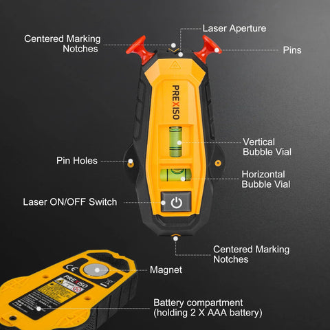 Compact 2-in-1 Line Laser Level With Magnetic Stud Finder showing laser aperture, bubble vials, and pins for mounting on surfaces.