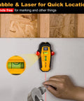 Compact 2-in-1 Line Laser Level With Magnetic Stud Finder mounted on drywall, showing 30 ft vertical laser and bubble vial in use.