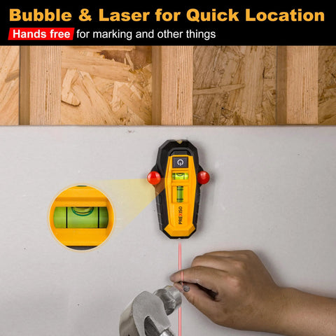 Compact 2-in-1 Line Laser Level With Magnetic Stud Finder mounted on drywall, showing 30 ft vertical laser and bubble vial in use.