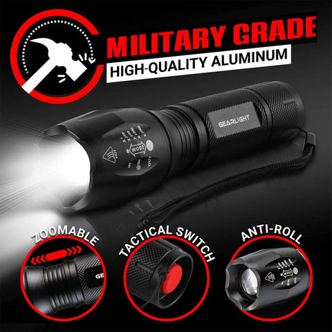 Two compact, ultra-bright LED flashlights offer reliable, pocket-ready light for camping, hunting, home emergencies and everyday tasks with a five-mode, zoomable beam and battery-powered operation (batteries not included).