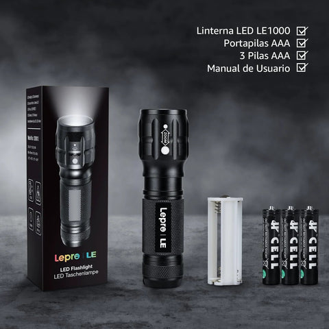 Compact Waterproof LED Flashlight 2 Pack With Zoomable Focus For Outdoor Camping Emergency Travel Palm Size 140 Lumens 492 Feet Beam IPX4 Waterproof AAA Batteries Included Handheld Design For Easy Gripping And Quick Lighting In Any Situation displayed with packaging and batteries