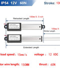 Diagram of Compact 12V 4 Inch Linear Actuator AWINLI With 60N Thrust, showing 15mm/s speed, IP54 rating, 100mm stroke, retract and extend lengths.