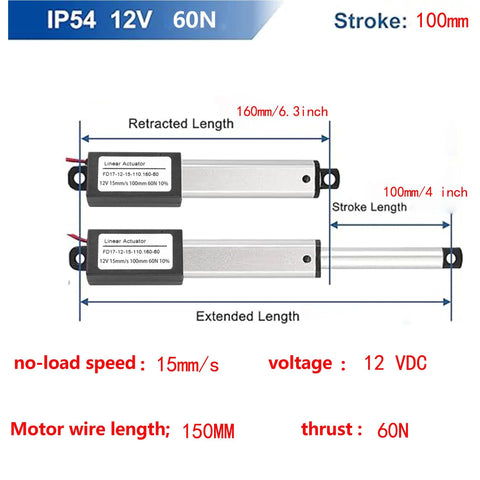 Diagram of Compact 12V 4 Inch Linear Actuator AWINLI With 60N Thrust, showing 15mm/s speed, IP54 rating, 100mm stroke, retract and extend lengths.