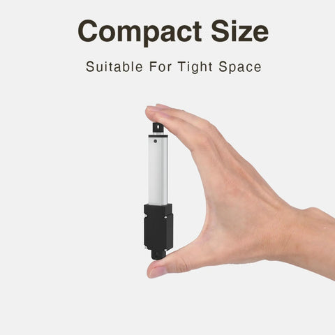 Hand holding compact aluminum linear actuator, suitable for tight spaces, showcasing its high-speed 12V design and durability.