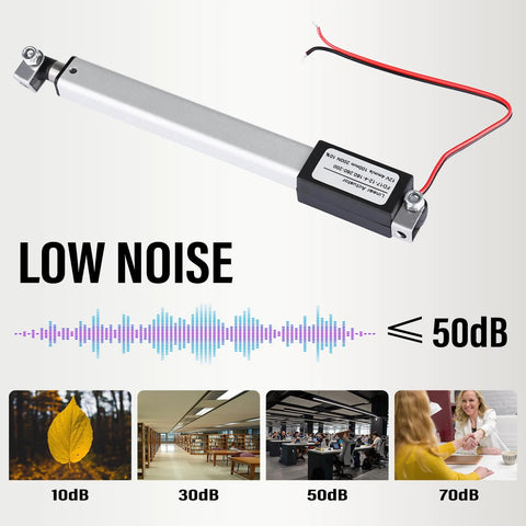 Compact 12V Mini Electric Linear Actuator With 4 Inch Stroke IP54, low noise, silver body, ≤50dB, sound level comparison.