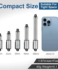 Comparison of 12V Mini Linear Actuator sizes with iPhone 13, highlighting compact design for tight spaces.