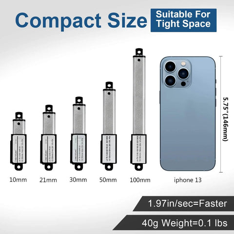Comparison of 12V Mini Linear Actuator sizes with iPhone 13, highlighting compact design for tight spaces.