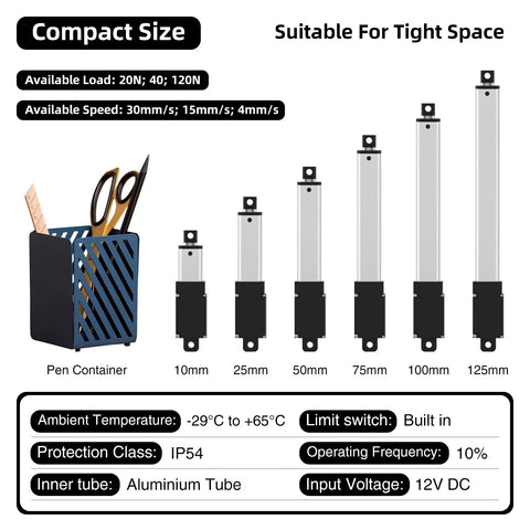 Juyancao mini electric linear actuators set; six aluminum actuators with black mounting plates, sizes 10–125mm, 12V DC.