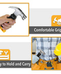 Compact 8oz magnetic claw nail hammer with an ergonomic non-slip handle shown held in hand and in tool belt, highlighting comfortable grip.