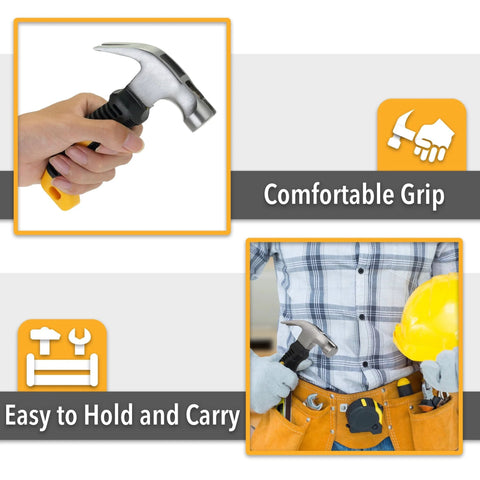Compact 8oz magnetic claw nail hammer with an ergonomic non-slip handle shown held in hand and in tool belt, highlighting comfortable grip.