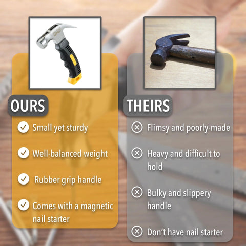 Comparison of a compact 8oz magnetic claw nail hammer with ergonomic non-slip handle and a bulky traditional hammer