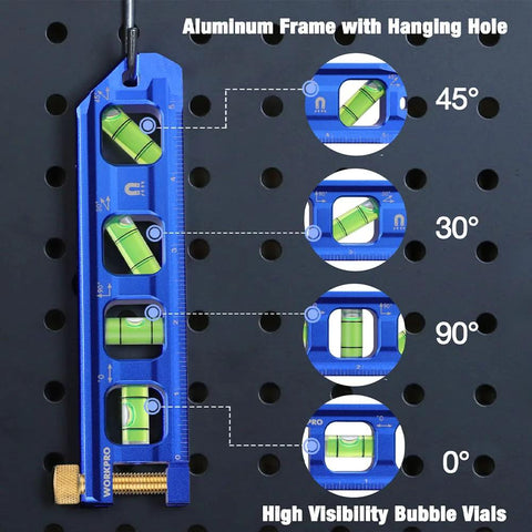 Compact magnetic torpedo level delivers quick, precise angle checks with four vials at 0, 30, 45, 90 degrees and aluminum frame