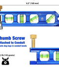 Compact magnetic torpedo level with four vials at 0, 30, 45, and 90 degrees, rugged aluminum alloy construction, attached to conduit.