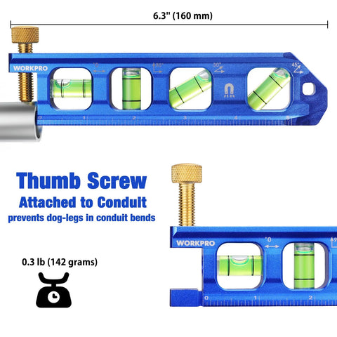 Compact magnetic torpedo level with four vials at 0, 30, 45, and 90 degrees, rugged aluminum alloy construction, attached to conduit.